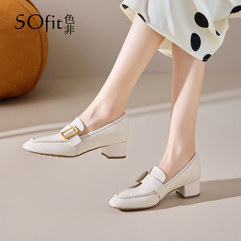 色非法式真皮粗跟乐福鞋女款2026新款春季软底轻便不累脚深口单鞋