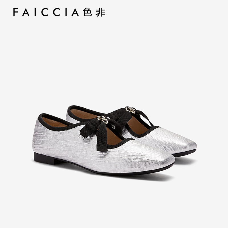 小方头蝴蝶结银色芭蕾玛丽珍鞋