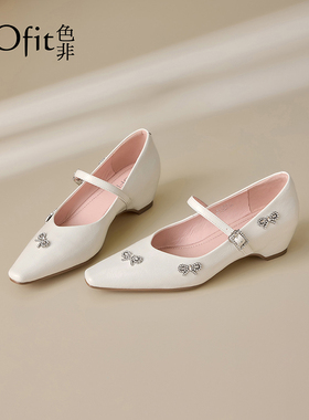 色非白色玛丽珍鞋女2026新款春季低跟蝴蝶水钻单鞋软底不累脚女鞋