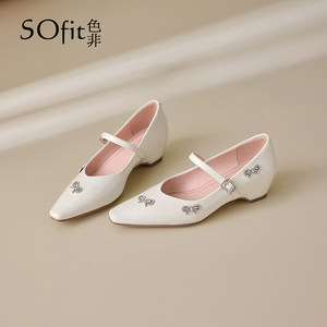 色非白色玛丽珍鞋女2026新款春季低跟蝴蝶水钻单鞋软底不累脚女鞋