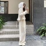 蕾丝连帽拼接西装套装女2025秋季设计感高腰显瘦阔腿裤两件套，女装套装/套裙，浙宝127