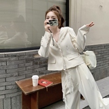 蕾丝连帽拼接西装套装女2025秋季设计感高腰显瘦阔腿裤两件套，女装套装/套裙，浙宝127