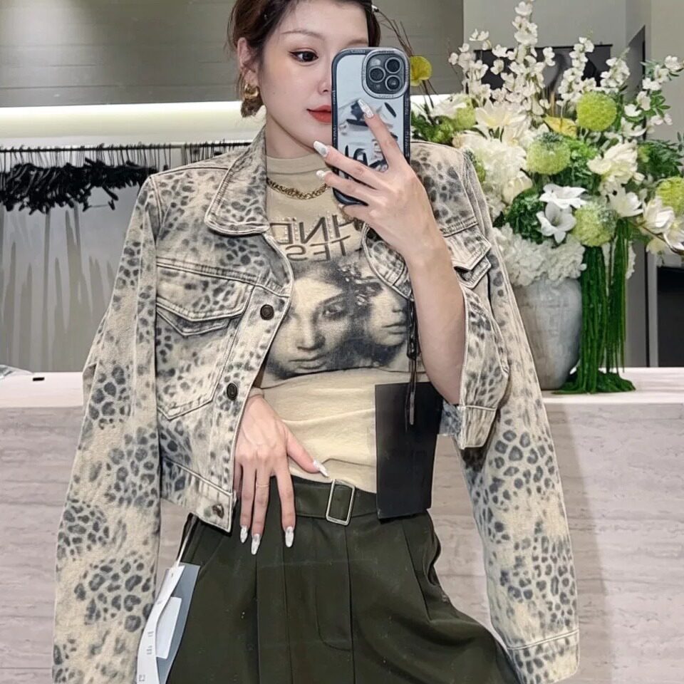 YUYU女装秋季新款时尚洋气个性豹纹牛仔外套