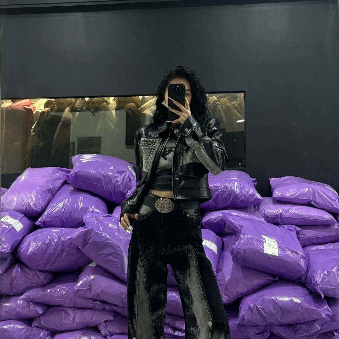 YUYU女装春装新款时尚洋气个性牛仔拼皮外套