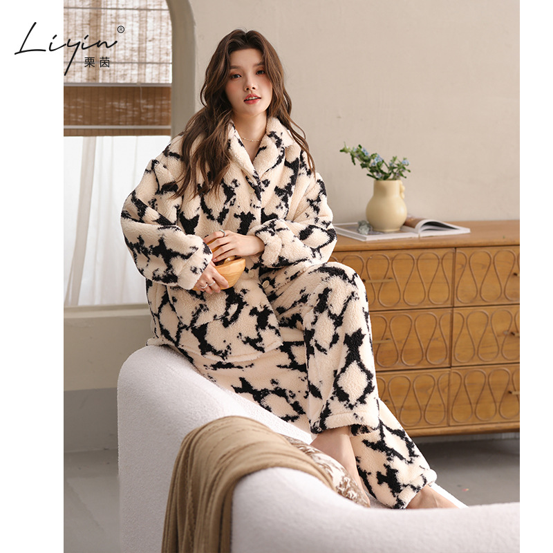 栗茵原创冬季舒棉绒韩系开衫女士睡衣保暖可外穿珊瑚绒家居服