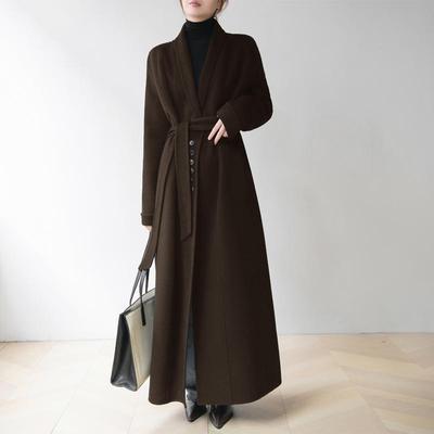 赫本风高端棕色单排扣双面呢大衣