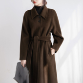 高级感棕色复古双面呢羊毛大衣女冬赫本风气质单排扣系带毛呢外套