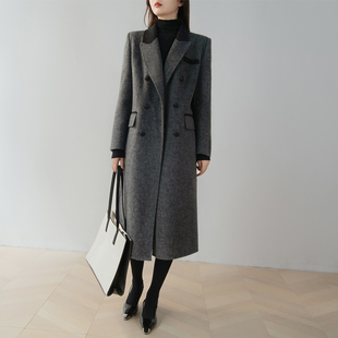 灰色正肩h型双面呢羊毛大衣女中长款 拼接羊驼绒厚工作服毛呢外套
