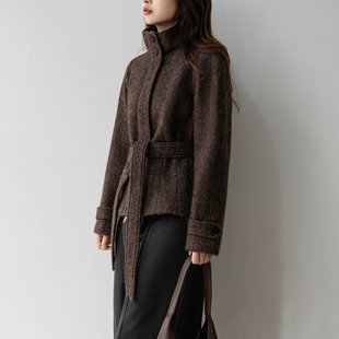 设计感短款立领咖啡色羊驼毛大衣女冬小个子修身收腰显瘦毛呢外套