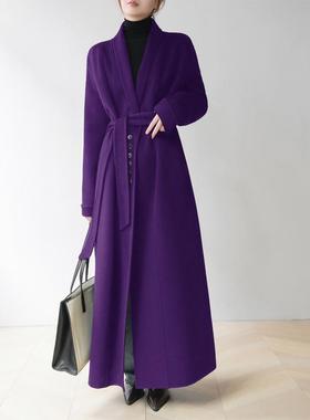 高端紫色青果领超长款双面呢大衣女冬正肩直筒单排扣系带毛呢外套
