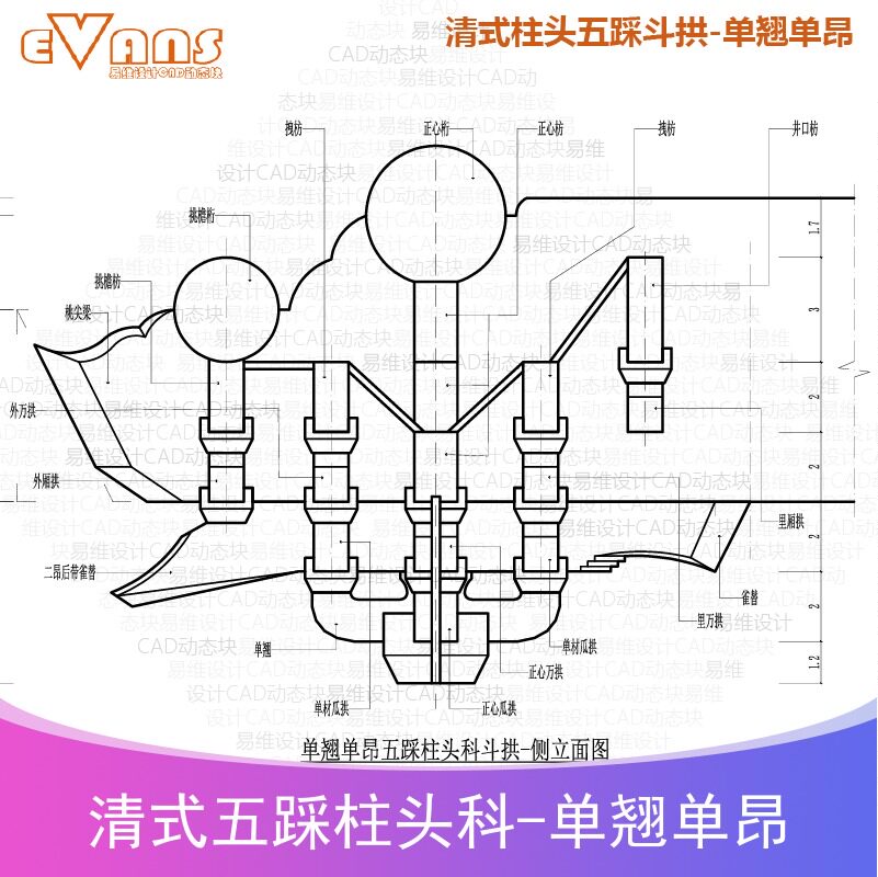 清式五踩斗拱-单翘单昂柱头科cad动态块电子版三视图及分件尺寸图