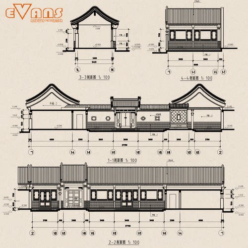 72x45米三进大四合院CAD建筑图