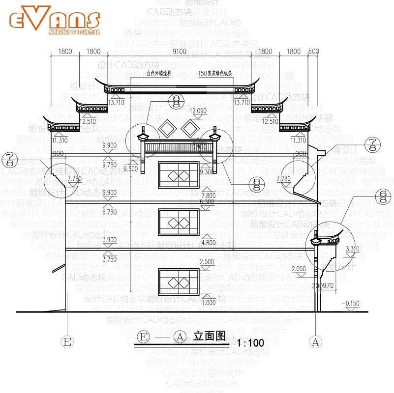 商住两用徽派住宅楼建筑施工图cad电子版808平米三层带阁楼马头墙