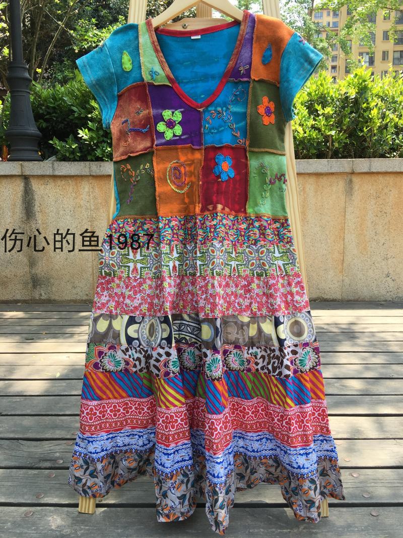 特价处理泰国 尼泊尔手工绣花中长裙子 拼接 印花 V领 短袖连衣裙