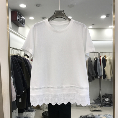 夏季新款宽松休闲波浪纹镂空蕾丝下摆雪花棉短袖T恤女上衣潮37033