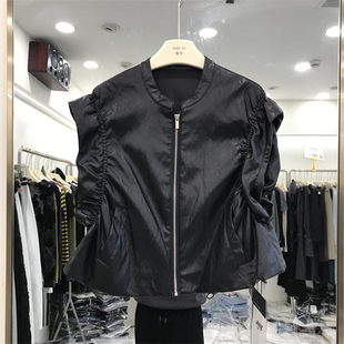 欧货高端2026年早春新款立领拉链抽绳飞飞袖pu皮衣女马甲外套8192