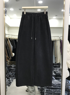 3.7%绵羊毛阔腿裤女2025冬季加绒高腰显瘦松紧腰弯刀休闲裤6722-1