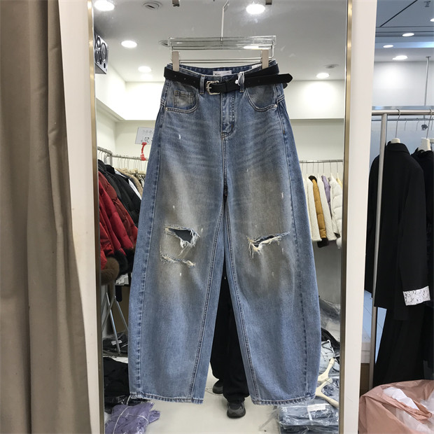 欧洲站洋气时尚破洞弯刀牛仔裤女潮ins高腰宽松阔腿裤长裤子80012