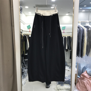 高腰抽绳休闲阔腿弯刀运动裤 巍猫26801撞色松紧腰拼接卫裤 女春季