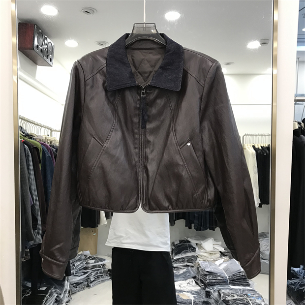 MSSQ短款皮衣外套女欧货秋冬夹棉时尚显瘦百搭休闲pu皮夹克66106