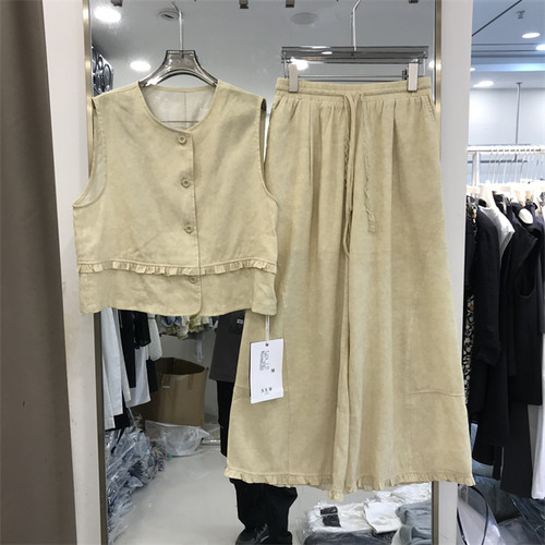 黄色亚麻松弛感马甲套装女夏2026新款休闲九分阔腿裤两件套26511