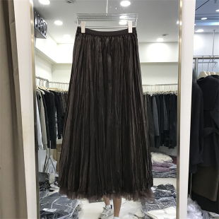两面穿百褶半身裙女秋冬新气质长裙高级感金丝绒拼接网纱裙a字裙