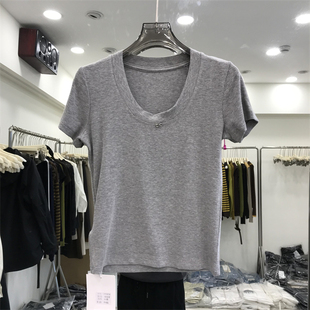 锁骨上衣2026春夏季 基础款 新款 T恤女修身 体恤8022 纯色短款 U领法式