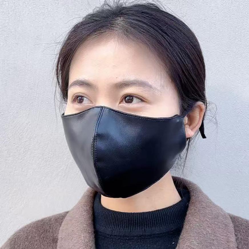 高颜值保暖口罩女黑色皮面罩防尘挡雨防水皮口罩防风防寒可水洗潮