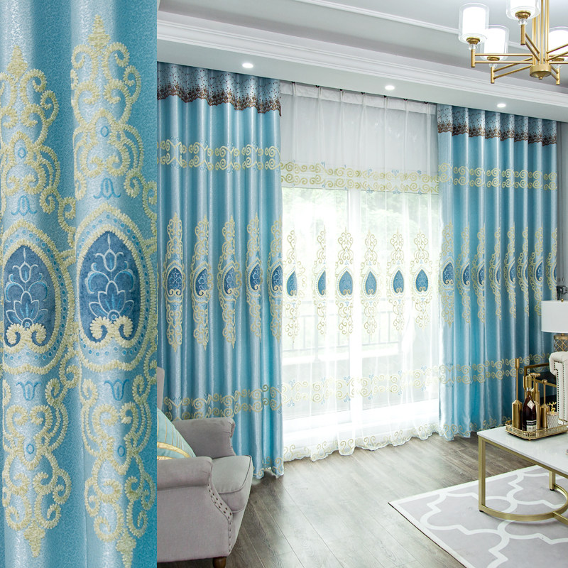 窗帘欧式简约客厅高档大气卧室阳台遮光定制绣花落地窗帘定制成品