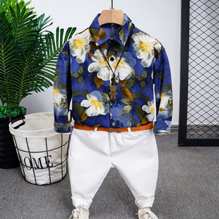 小男孩春秋季帅气花纹衬衫韩版男宝宝中大童复古洋气衬衣绅士上衣