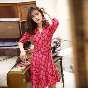 欧美2026女装 雪纺裹身连衣裙女PG 拼接时尚 中长款 DVF 修身 欧美新品