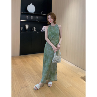 无袖 复古绿色印花修身 真丝连衣裙女改良挂脖旗袍 桑蚕丝新中式 新品