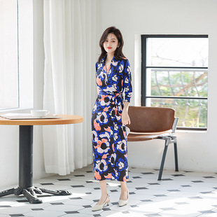 新品欧律裹身裙气质轻奢树叶印花一片式高腰连衣裙修身显瘦DVF夏