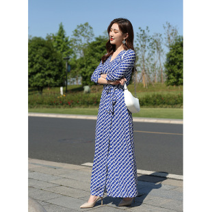 DVF2026夏季 欧美新品 连衣裙女PG 长款 蓝底锁链印花名媛气质修身