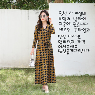 裹身裙女PG 系带连衣裙一片式 DVF26 姜黄色千鸟格V领长款 欧美新品