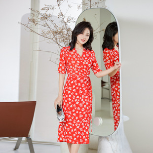 欧美新品法式复古一片式收腰裹身连衣裙PG DVF茶歇裙女碎花桔梗