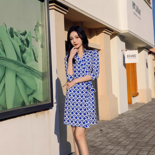 宝蓝色格子印花气质连衣裙翻领七分袖 新款 收腰系带 夏季 DVF26新品