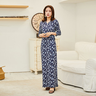 DVF 连衣裙女PG 欧美新品 裹身裙藏青色印花气质显瘦性感开叉长款