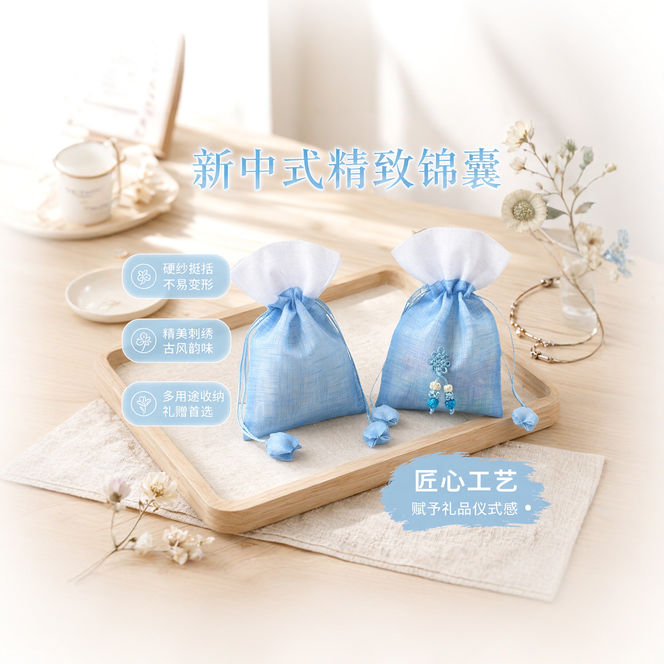 花朵抽绳首饰袋子 硬纱布料干花袋 古风香包锦囊空袋化妆品礼品袋