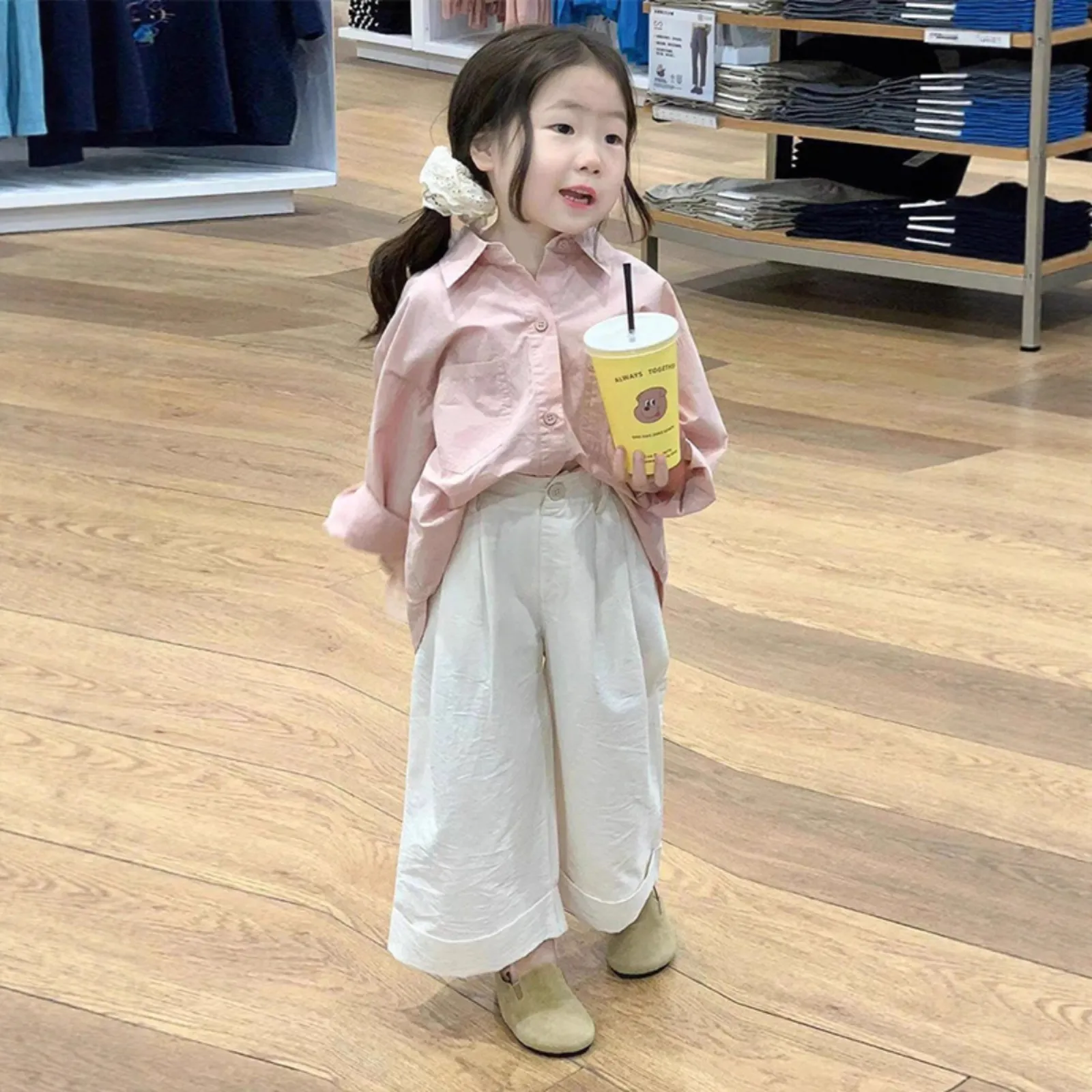女童套装2025秋季新款洋气百搭纯色衬衫韩版休闲长裤两件套