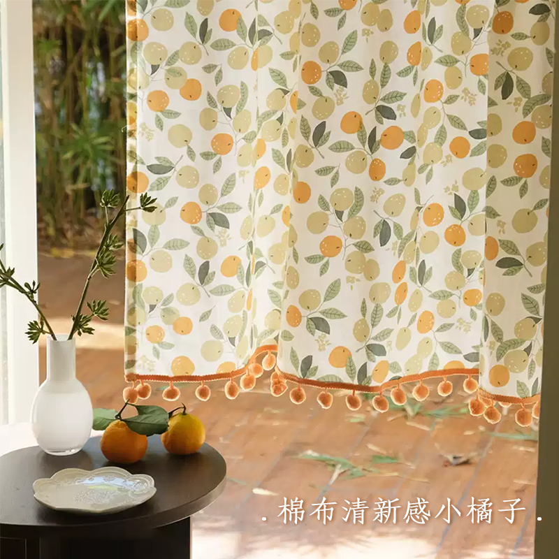 桔子印花美式手绘窗帘透光不透人纱帘免打孔田园风书房门帘隔断帘