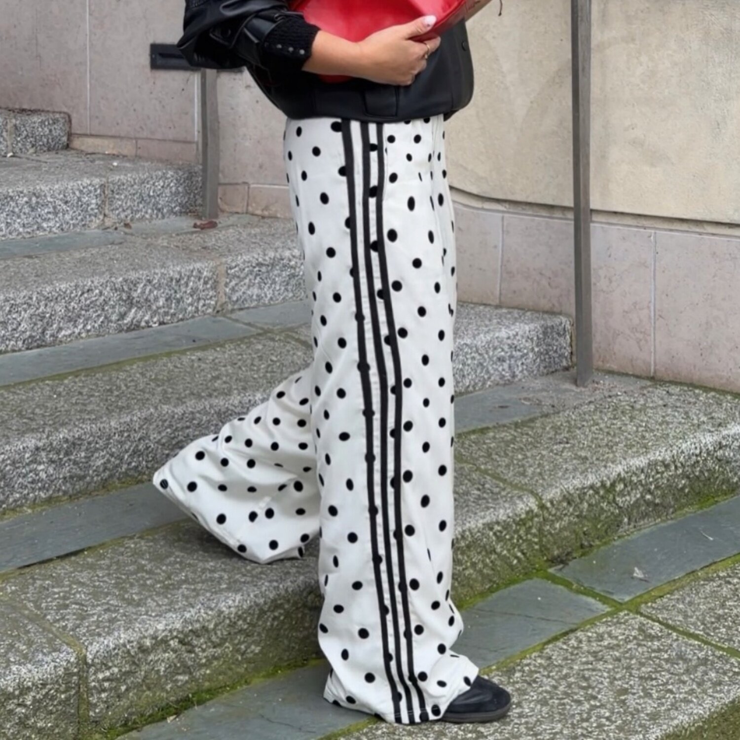高腰波点印花阔腿裤女宽松显瘦百搭休闲裤白色长裤松紧微喇裤