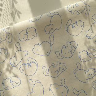 40支纯棉薄棉布蓝色小清新线条猫咪可爱印花手工diy发圈头巾面料