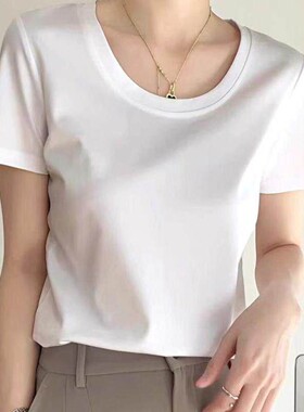 u领丝光棉体恤短袖女极简风白色内搭小圆领女士打底纯棉上衣t恤衫