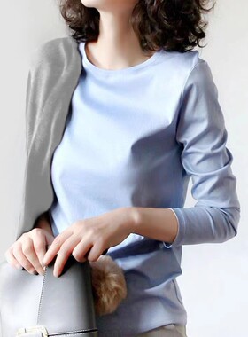 高品质圆领T丝光棉长袖t恤女纯棉薄款正肩纯白色修身型内搭打底衫