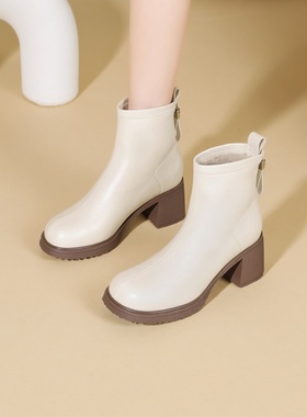 Josiny/卓诗尼25冬季白色粗跟短靴女秋冬百搭时装靴显瘦通勤靴子
