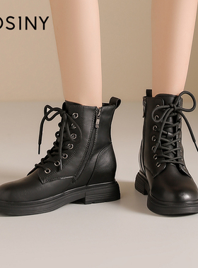 Josiny/卓诗尼黑色马丁靴女英伦风系带短靴平底百搭靴子青年休闲