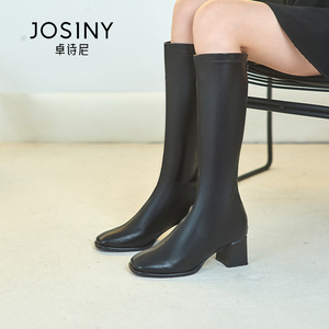 卓诗尼2023冬季新款纯色长靴女百搭显瘦粗跟高跟长筒不过靴瘦瘦靴