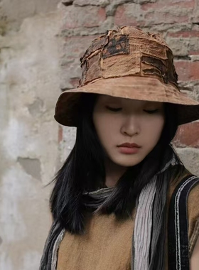 MMBL慢慢变蓝原创荼原创植物染拼布补丁盆帽双层复古渔夫帽