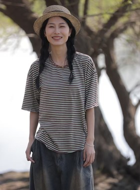 MMBL慢慢变蓝荼条纹柔软文艺纯棉T恤 宽松简约百搭35968